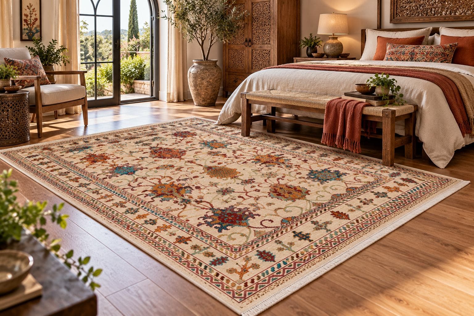 Afghan rug styled in a bedroom