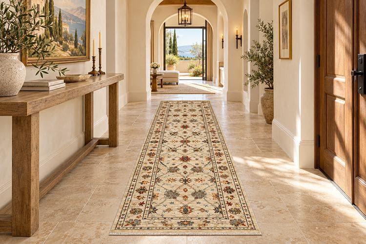Runner rug in a bright hallway